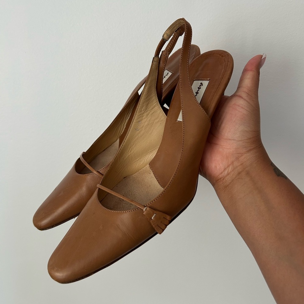 Brown sling back heels